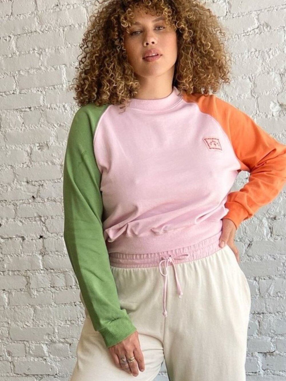 Colorblock Pink Sweatshirt with Green + Orange Sleeves